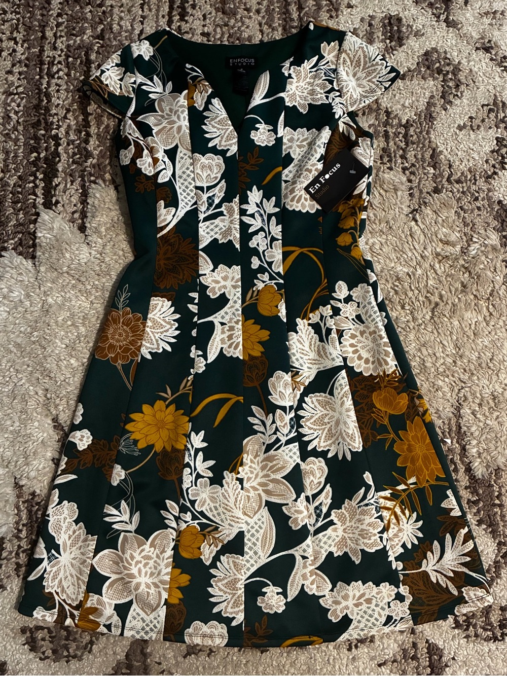 Enfocus Studio Dark Green Floral A-Line Midi Dress